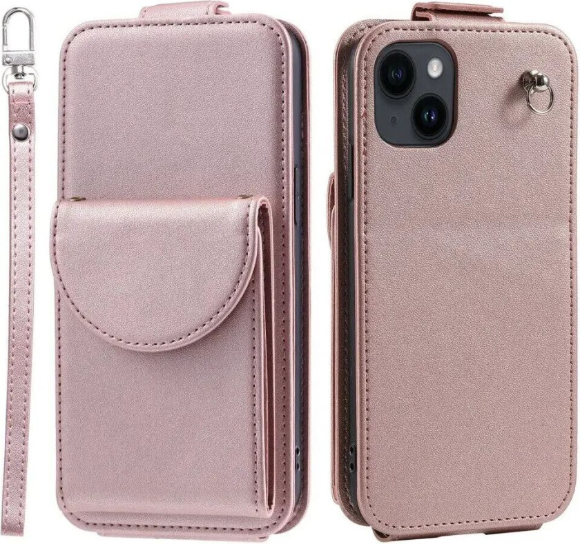 iPhone 15 Vertikalt Kunst Skinn Flip Deksel med Lommebok / Ståfunksjon / Stropp - Rose Gold