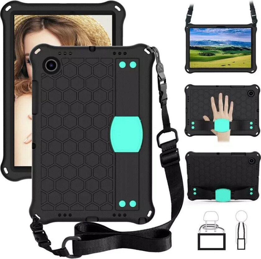 Samsung Galaxy Tab A8 10.5" (2021) Barn Deksel med Bikubemønster & Skulderstropp - Svart/Grønn