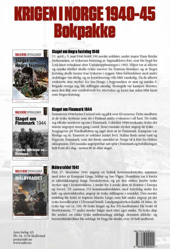 Krigen i Norge 1940-45 : bokpakke ; Kampen om Hegra 1941 ; Slaget om Finnmark 1944 ; Angrepet på Mål av Frode Lindgjerdet