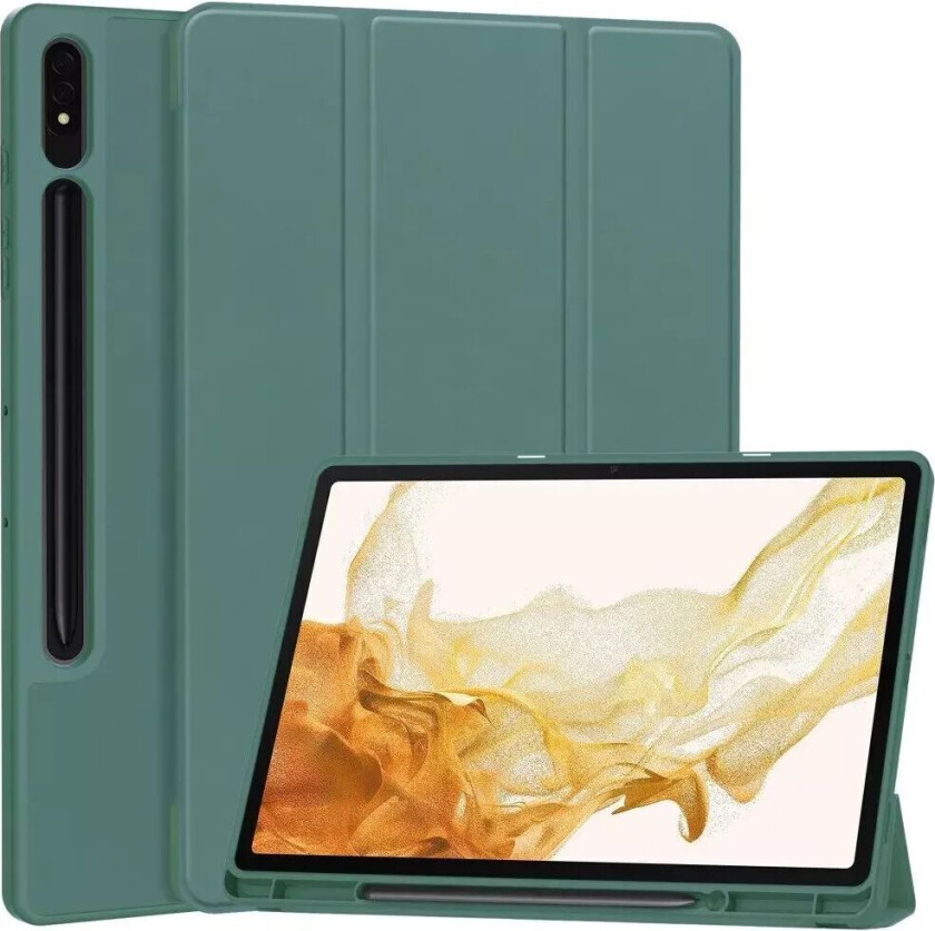 Samsung Galaxy Tab S9+ (Plus) Magnetisk Tri-Fold Skinn Deksel m. Stativfunksjon - Mørk Grønn