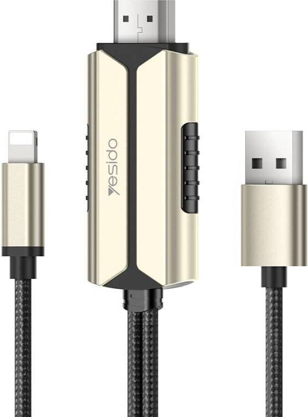 Lightning til HDMI-adapter med USB for lading - 2m - Gull/Svart