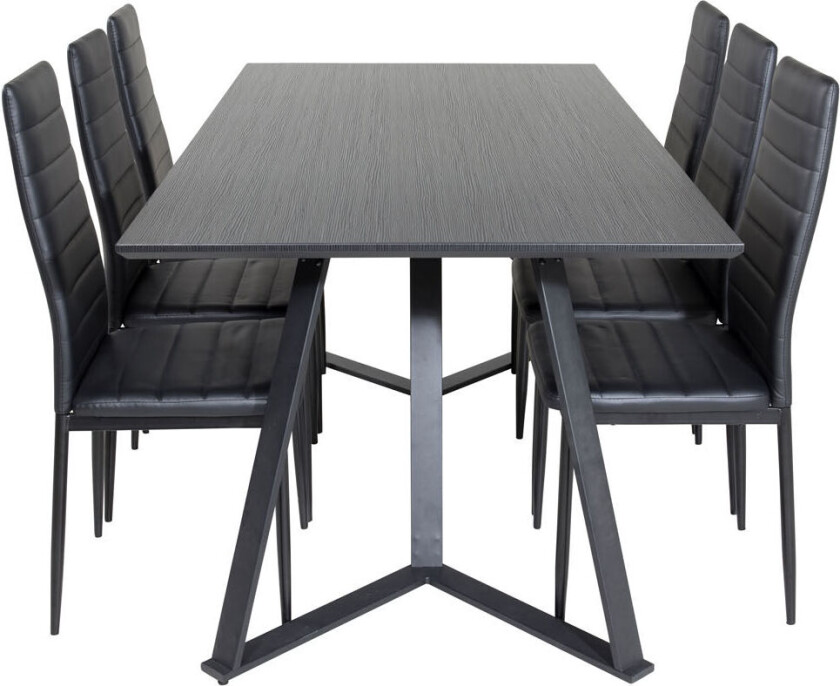 MarinaBLBL spisegruppe spisebord svart og 6 Slim High Back spisestuestoler PU kunstskinn svart.