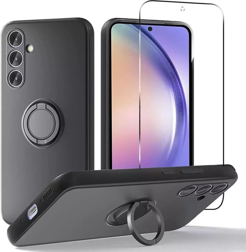 Samsung Galaxy A54 (5G) Skjermbeskytter i Herdet Glass + Silikon Deksel med Ringholder og Stropp - Svart