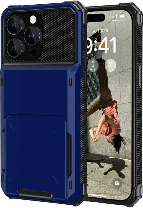 iPhone 15 Hybrid Plast Håndverker Deksel m. Kortholder - Blå