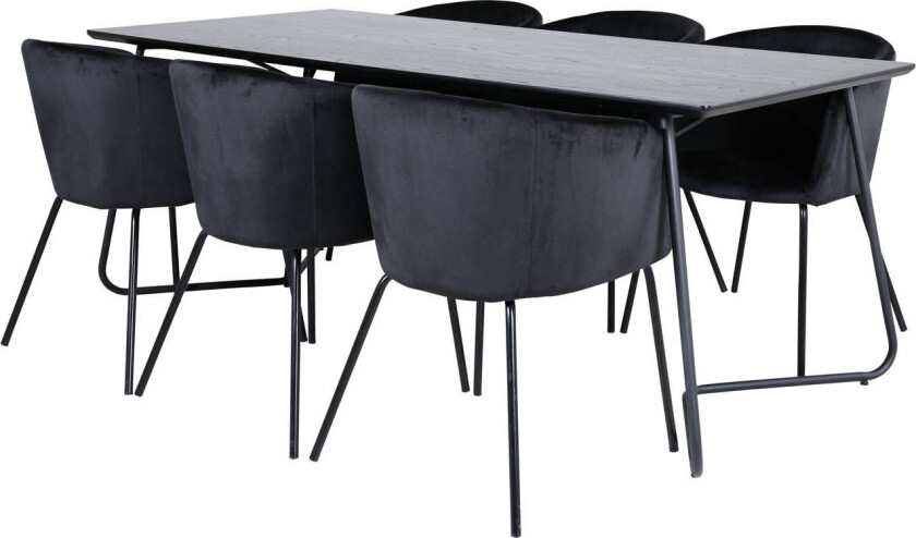PippiBL spisegruppe spisebord svart og 6 Berit spisestuestoler velour svart.