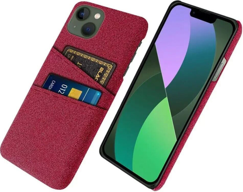 iPhone 14 Stoffdekket Plast Bak Deksel med Kortholder - Rød