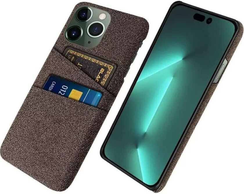 iPhone 14 Pro Max Stoffdekket Plast Bak Deksel med Kortholder - Brun