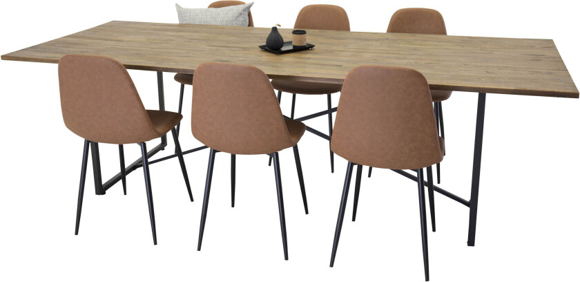 Padang spisegruppe spisebord teak og 6 Polar spisestuestoler PU kunstskinn brun.