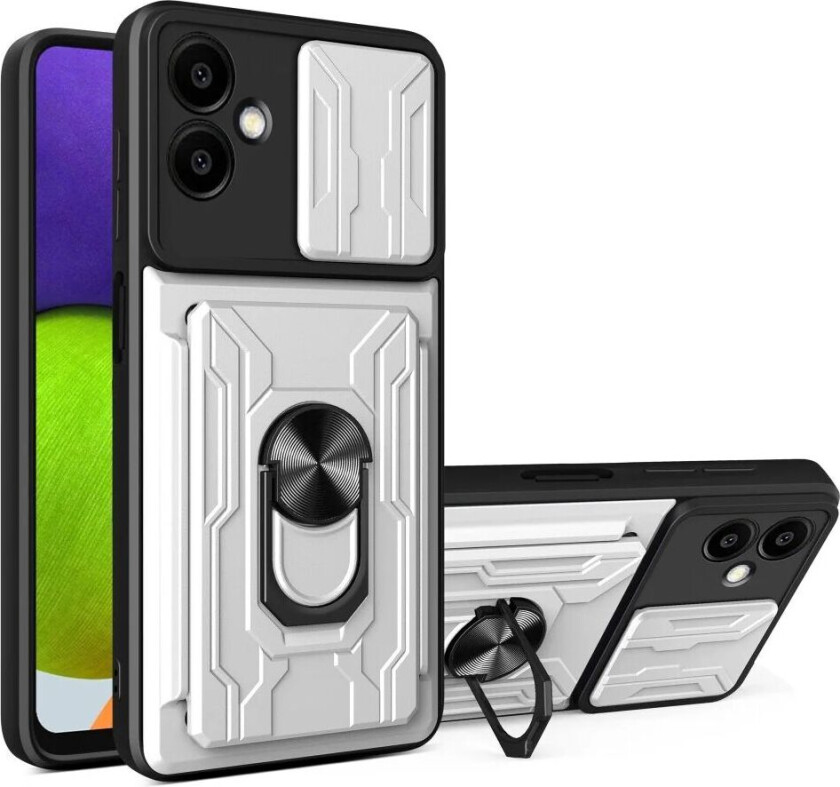 Samsung Galaxy A06 Magnetisk Handverker Deksel med Kickstand - Cam Slider - Kortholder - Svart / Hvit