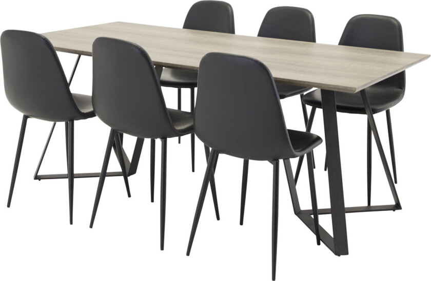 MarinaGRBL spisegruppe spisebord el tre dekor grå og 6 Polar spisestuestoler PU kunstskinn svart PU kunstskinn.