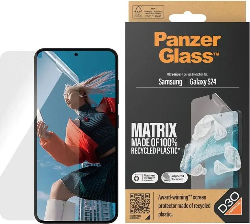 Samsung Galaxy S24 Matrix AntiBacterial Ultra Wide Fit Skjermbeskyttelse - AlignerKit - Platinum Strength - Gjennomsiktig