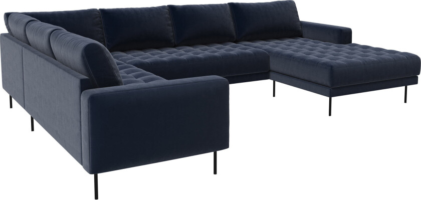 Rouge hjørnesofa med sjeselong og svarte ben. Mørke blå Høyresving