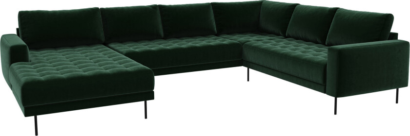 Rouge hjørnesofa med sjeselong og svarte ben. Mørk grønn Venstre sving