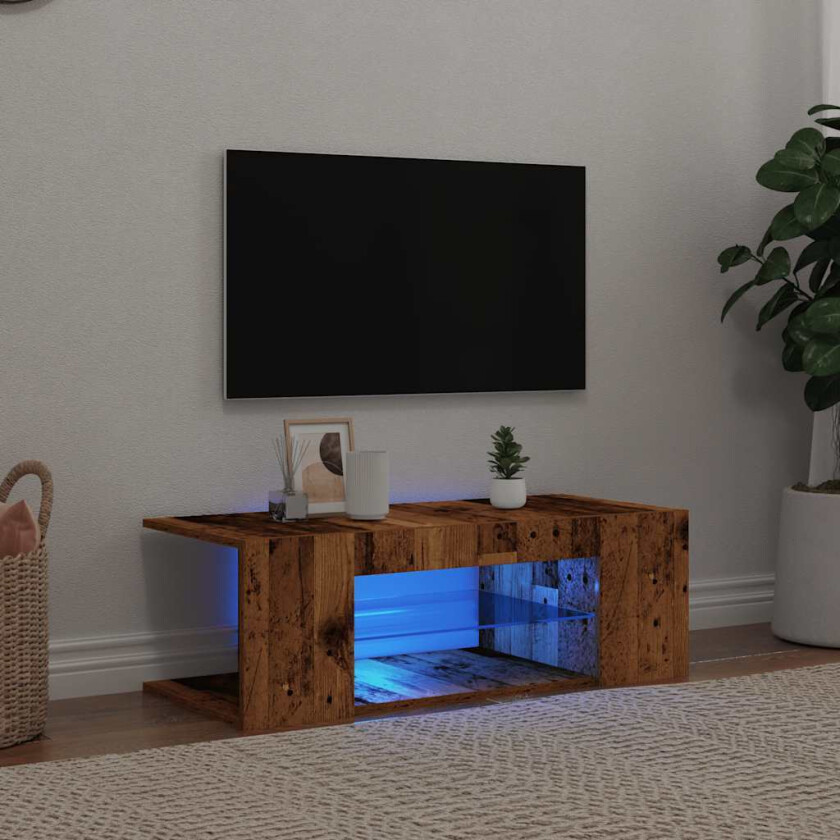 TV-benk med LED-lys gammelt tre 90x39x30 cm konstruert tre