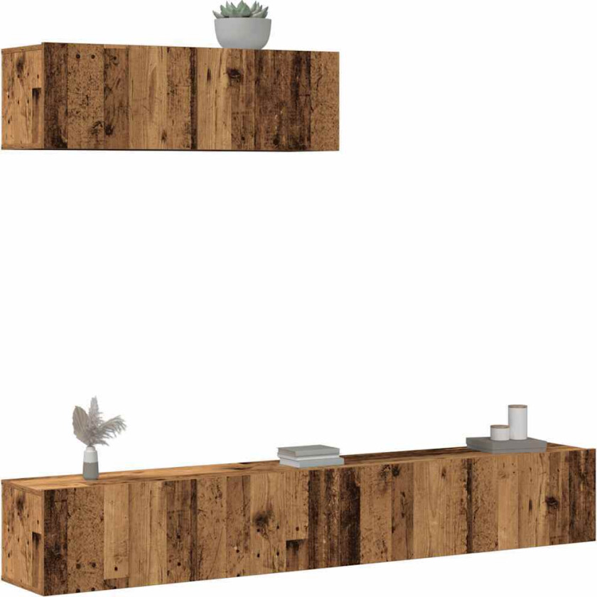 TV-skapsett 3 deler veggmontert gammelt tre konstruert tre