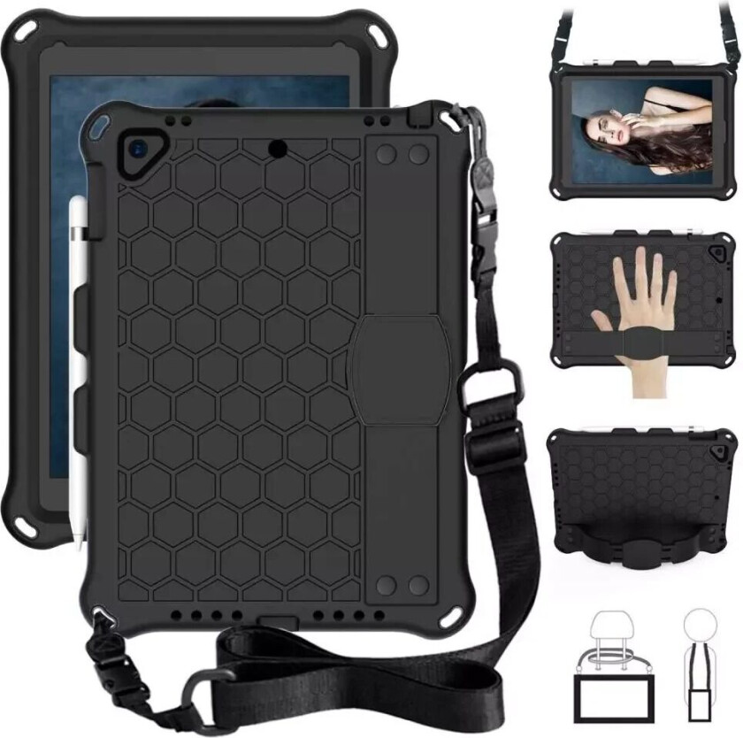 iPad (2018) / iPad (2017) / iPad Air 2 / iPad Air 2 BarneDeksel m. Skulderstropp - Bikube Mønster - Sort