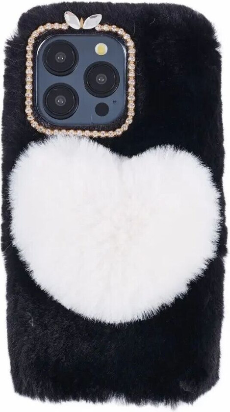 iPhone 15 Pro Fleksibelt Plastbakdeksel m. Pels - Hjerte - Svart