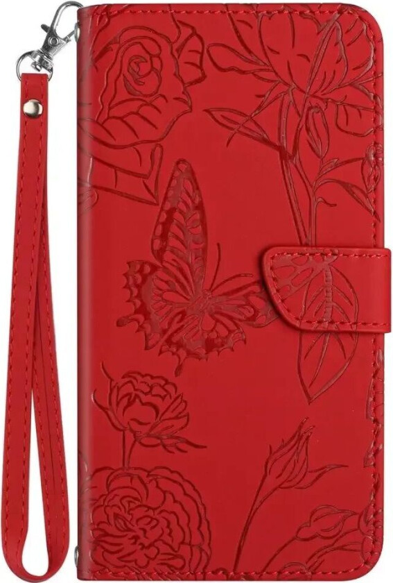 iPhone 14 Pro Kunstskinn Flip Deksel med Lommebok - Sommerfugl - Rød