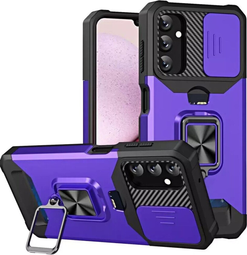 Samsung Galaxy A14 (5G) Håndverker Deksel med Magnetisk Stativ, Kortholder og Cam Slider - Lilla