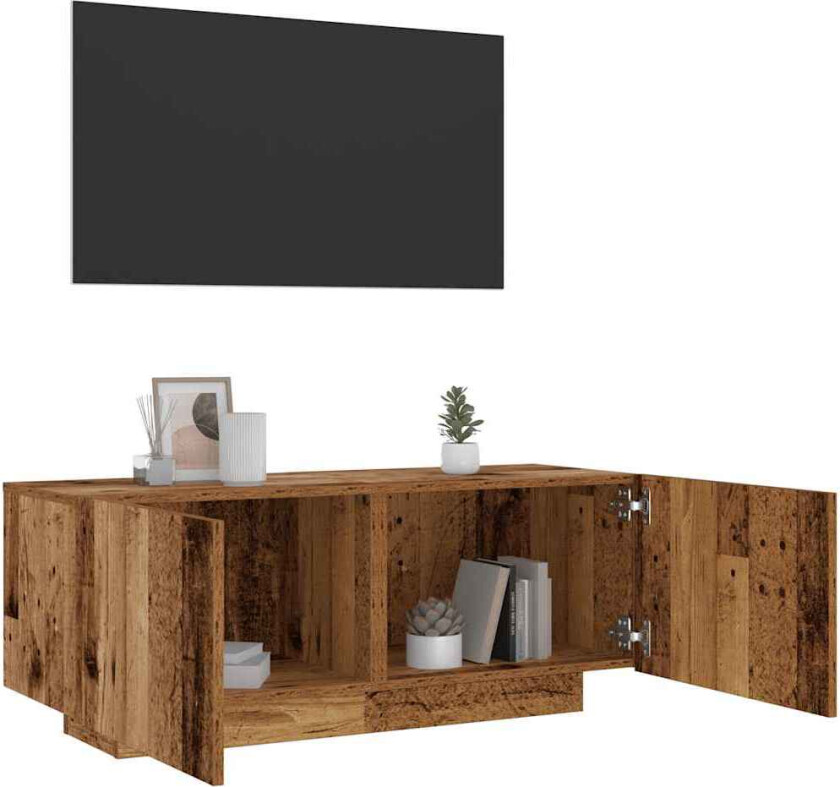 TV-benk med LED-lys gammelt tre 100x35x40 cm konstruert tre