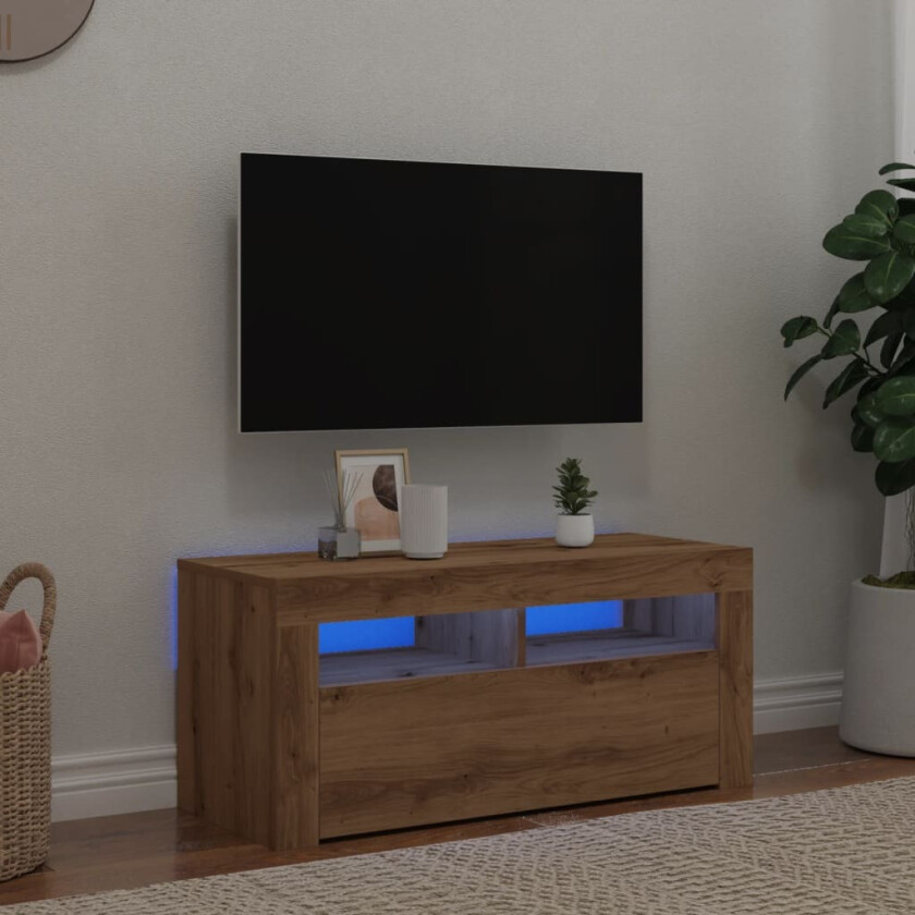 TV-benk med LED-lys artisan eik 90x35x40 cm konstruert tre