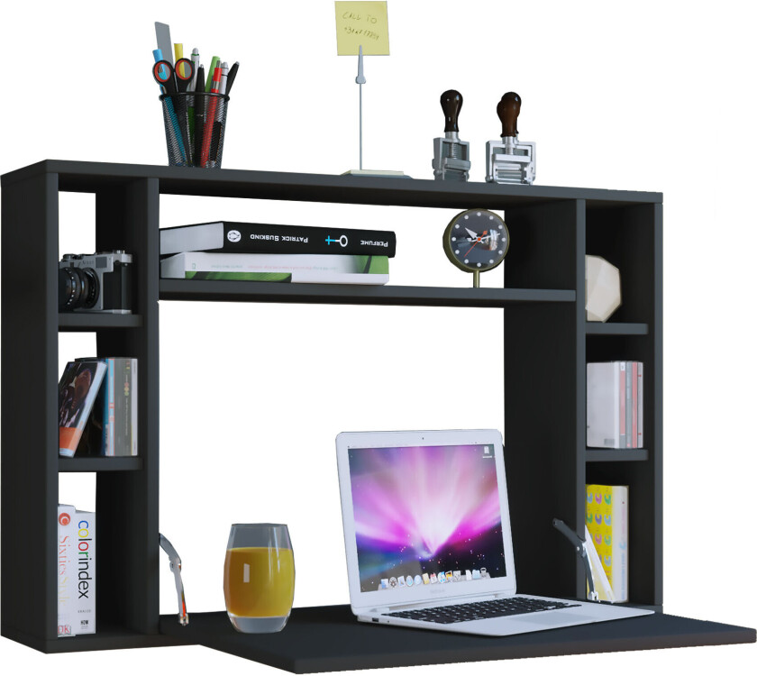 Wandila skrivebord , laptopbord vegghengt skriveplate og 7 rom svart.