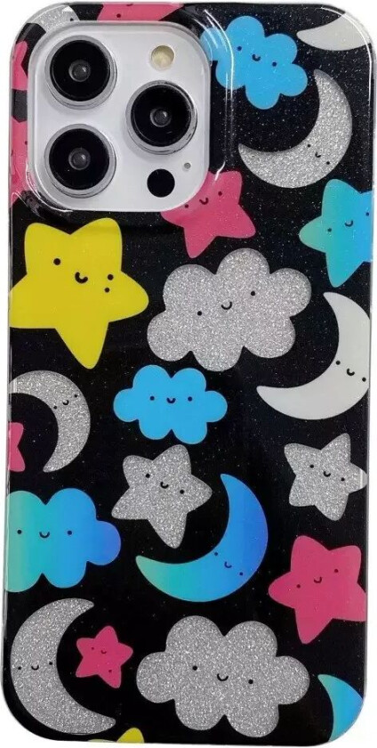 iPhone 14 Pro Glitter Plast Deksel - Svart / Stjerner & Måner