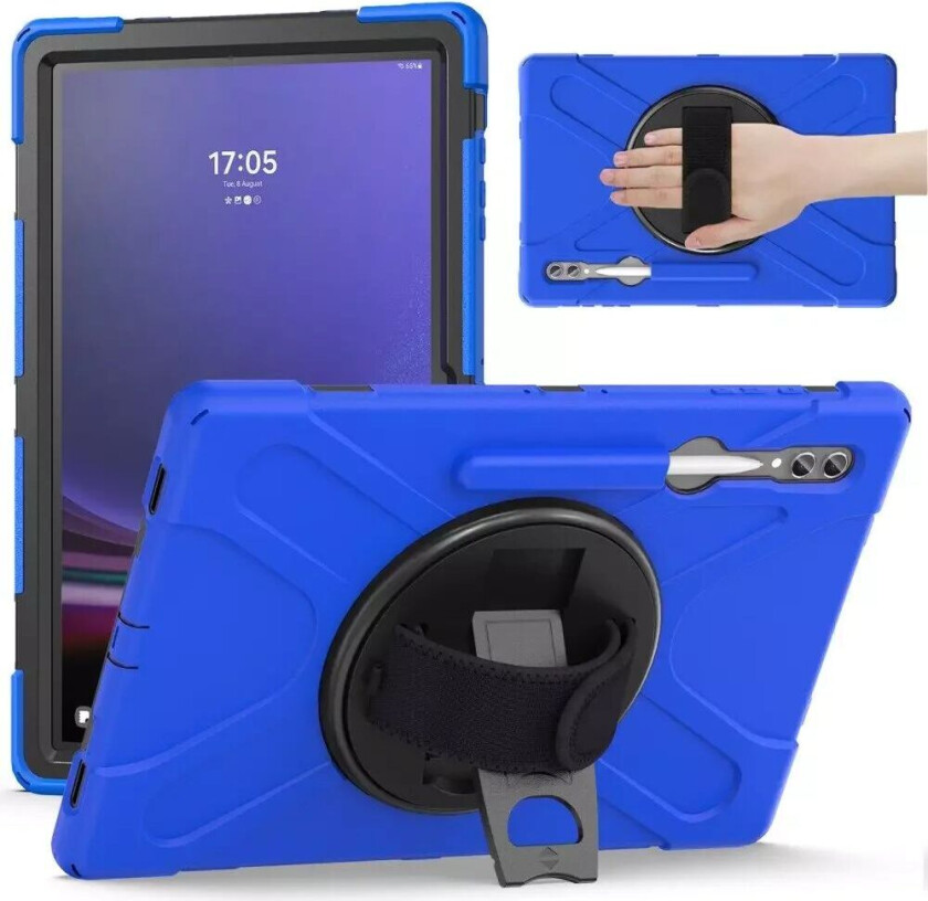 Samsung Galaxy Tab S9 Ultra / S8 Ultra Håndverkerdeksel med Håndholder, Stativ og Pencil Holder - Blå / Svart