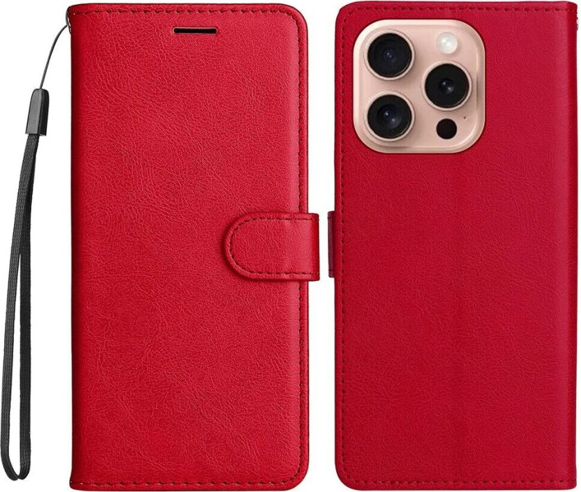 iPhone 16 Pro Deksel i Kunstskinn med Lommebok og Stropp - Rød