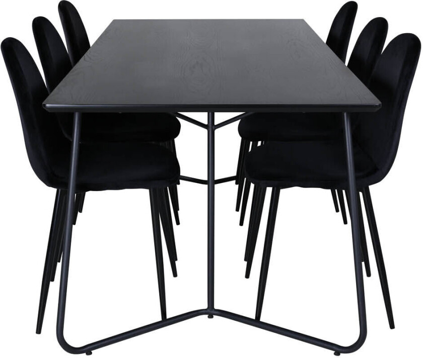 PippiBL spisegruppe spisebord svart og 6 Polar spisestuestoler velour svart.