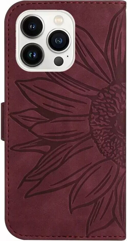 iPhone 15 Pro Kunstskinn Flip Deksel med Lommebok - Solsikke - Vinrød