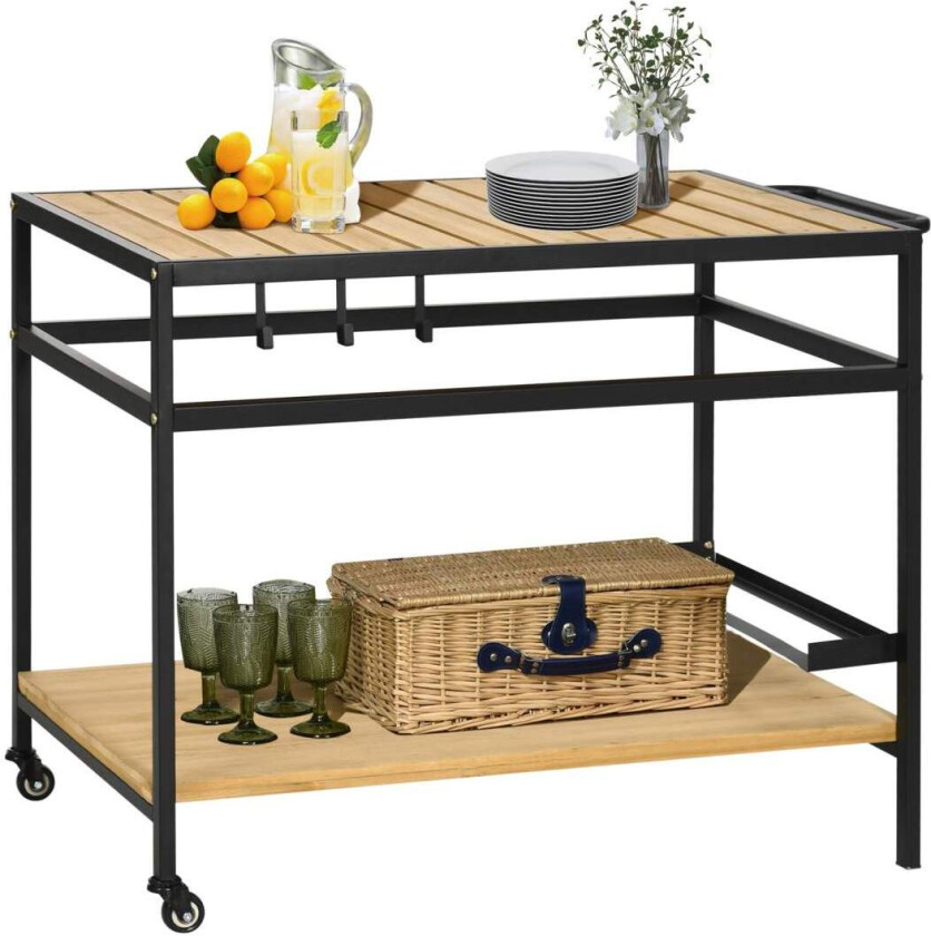 Serveringsvogn, Grillvogn Med 2 Hyller, Kjøkkenvogn Med Kroker, Utendørs Multifunksjonsbord Med Hjul, Natur, 107 X 65 X 80Cm