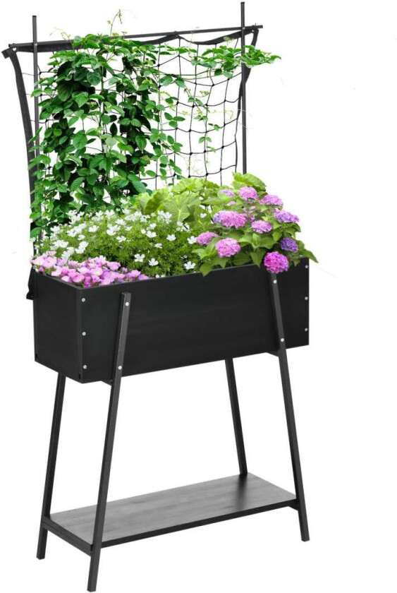 Raised Bed Trellis Flower Box Med Hylle, Værbestandig For Uteplass, Heltre, Svart, 89X34X168Cm