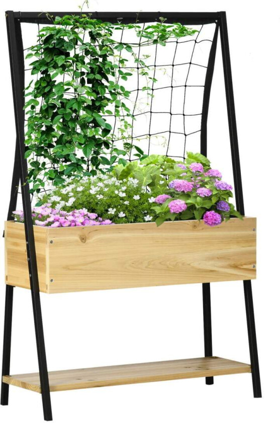 Raised Bed Trellis Plant Box Med Hylle & Fleece Interiør Fôr, Flower Box, Natural, 80X30X128Cm