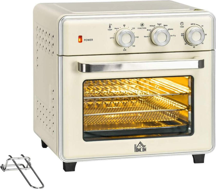 Miniovn Med Sirkulasjonsluft 20L, 7 I 1 Pizzaovn Inkludert Stekebrettsett, Stekekurv, Smulebrett, 1 Times Timer, 1400 W, Kremhvi