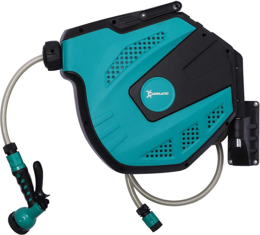 Veggslangeboks, Slangetrommel, Svingbar 180° Med Multidusj, Frostbeskyttelse -5–45 °C, Plast, Grønn + Svart, 15 M