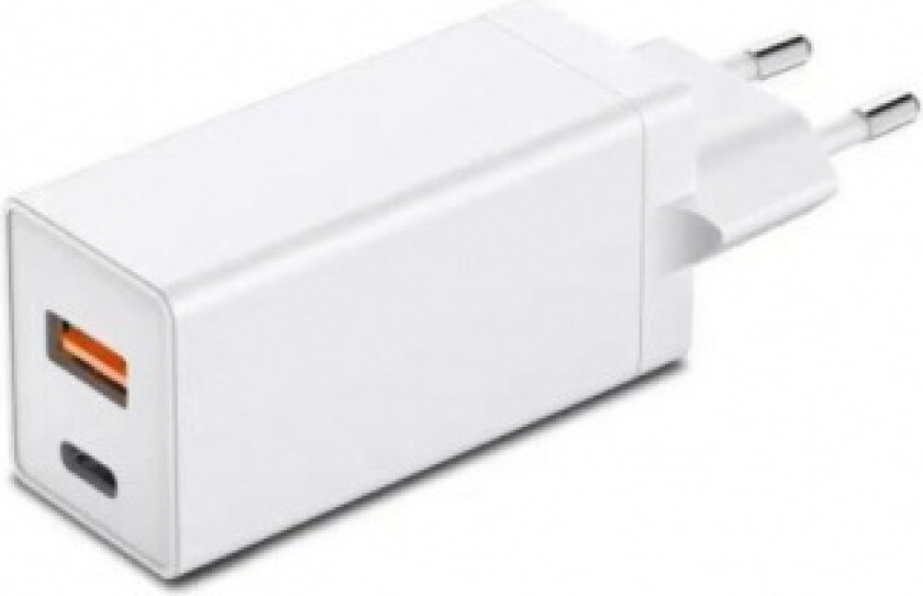 USB-C + USB-A strømadapter 65 W PD hurtiglader, hvit