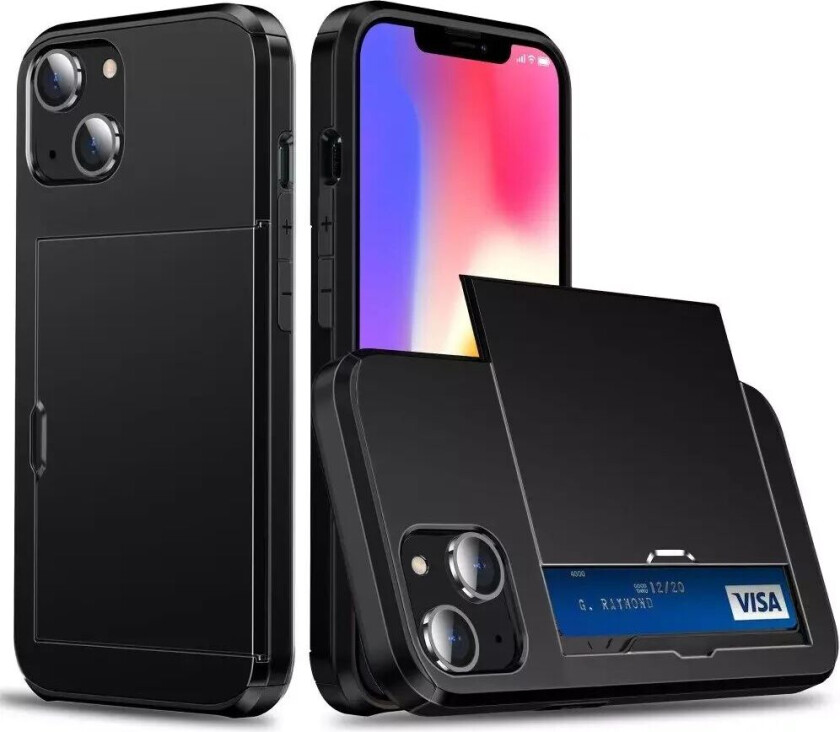 iPhone 15 Drop Proof Deksel m. Lommebok - Svart