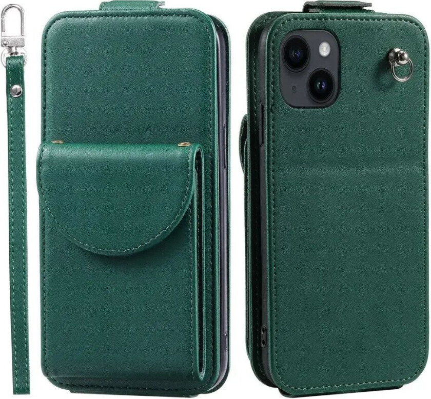 iPhone 15 Vertikalt Kunst Skinn Flip Deksel med Lommebok / Ståfunksjon / Stropp - Grønn