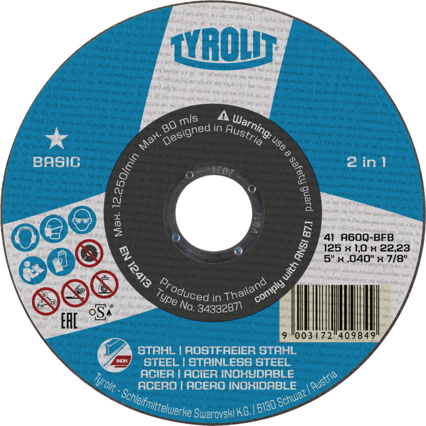 Bilde av TYROLIT Basic* Skæreskive 125 X 1,6 X 22,23 A 46 Q- Bfb - (25 Stk.)