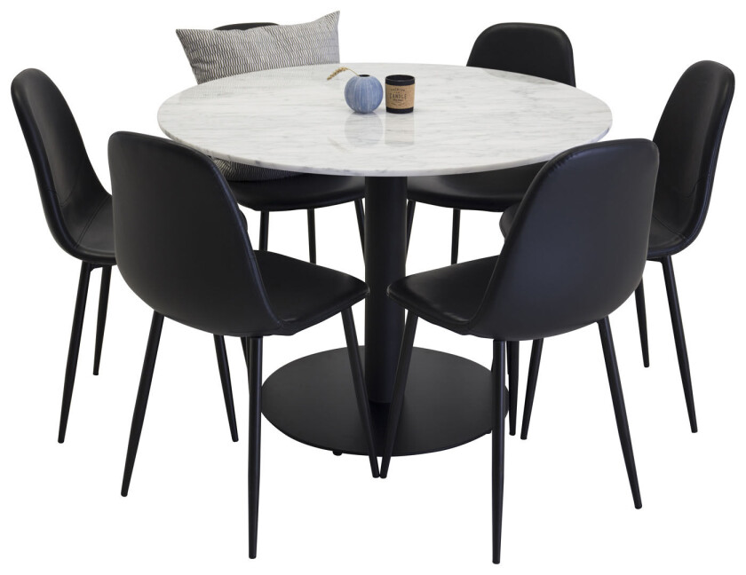 EstelleØ106WHBL spisegruppe spisebord hvit, marmor og 6 Polar spisestuestoler svart PU kunstskinn.