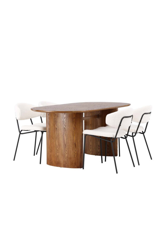 Isolde spisegrupper bord natur og 4 Chico stoler hvit.