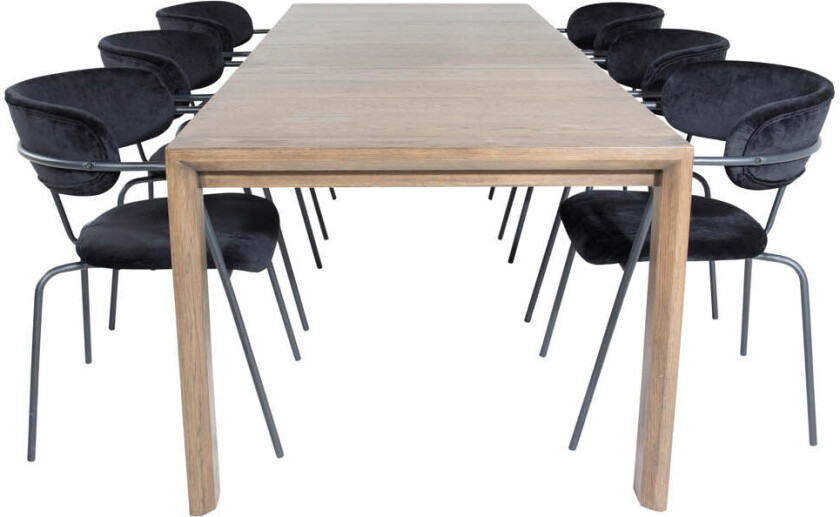SliderOS spisegruppe spisebord uttrekksbord lengde cm 170 / 250 røykfarge eik og 6 Arrow spisestuestoler velour svart.
