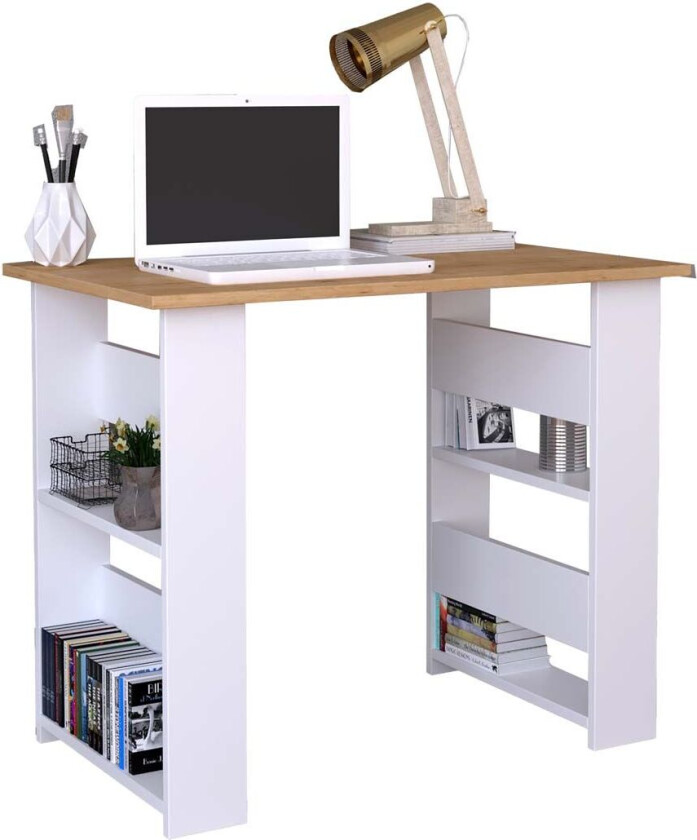 Efilo skrivebord 4 skuffr hvit, eik dekor.