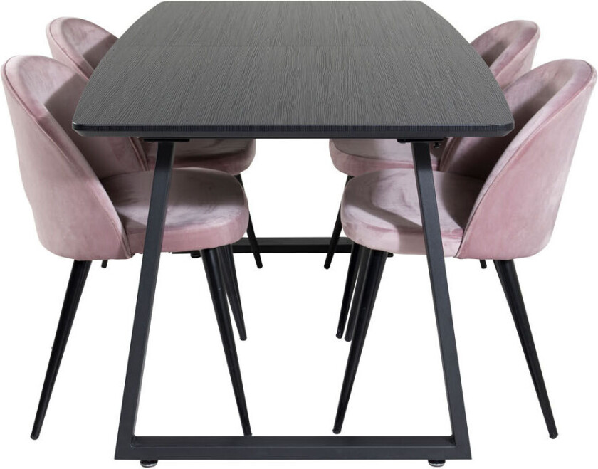 IncaBLBL spisegruppe spisebord uttrekksbord lengde cm 160 / 200 svart og 4 Velvet spisestuestoler velour rosa, svart.