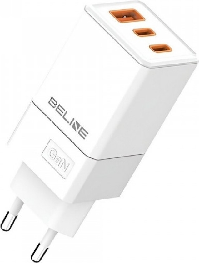 Beline lader 65W GaN 2xUSB-C+USB-A nettlader uten kabel Hvit