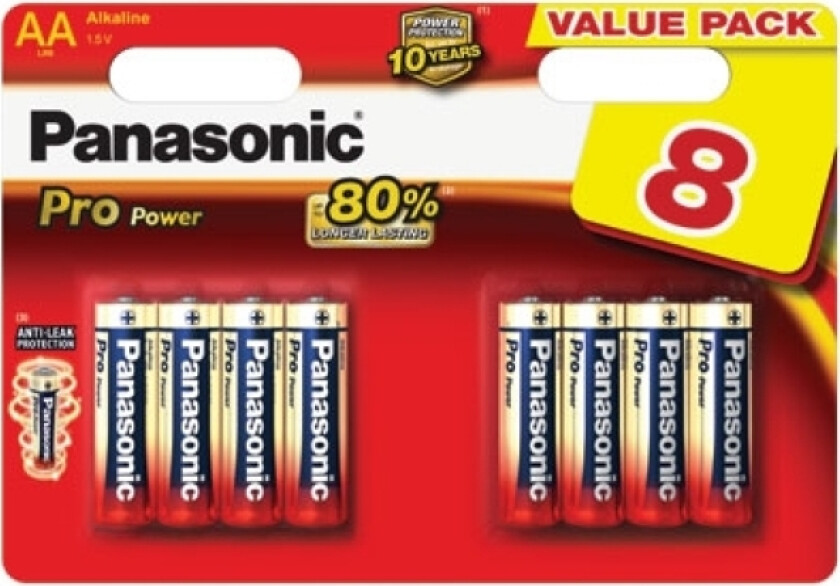 Pro Power AA, Engangsbatteri, AA, Alkalinsk, 1,5 V, 8 stykker, Sort, Gull, Rød