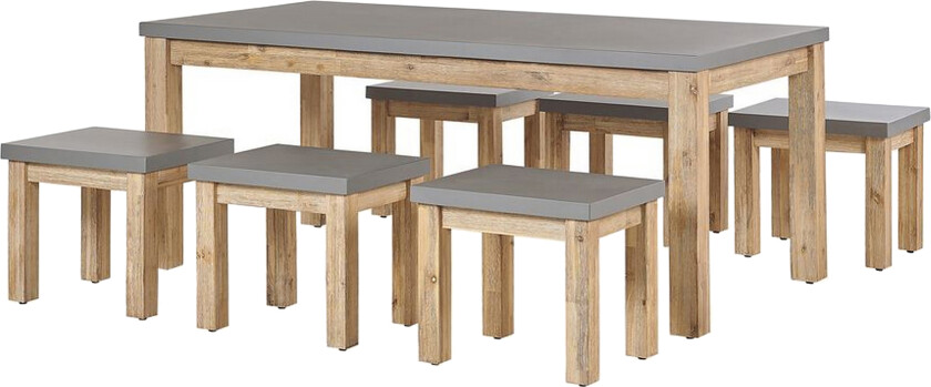 Utendørs spisegruppe Grå fibersement Lys akasietre 6-seters bord 6 krakker Moderne industriell design