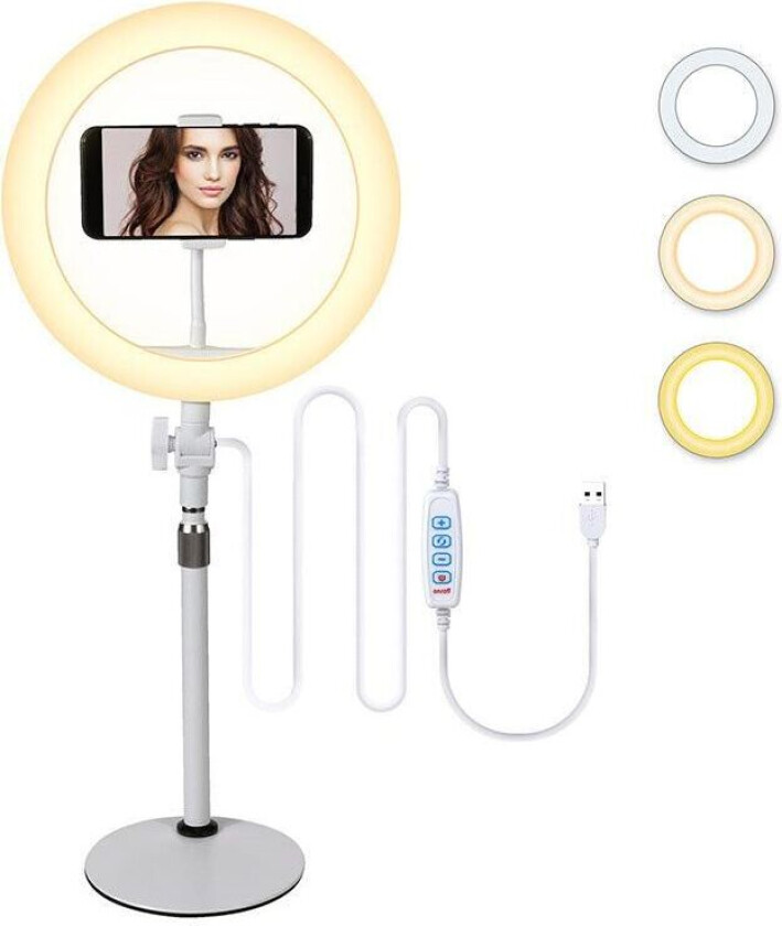 Nördic Desktop LED-ringlys 26 cm diameter med mobilholder trelysmodus selfielampe ringlampe