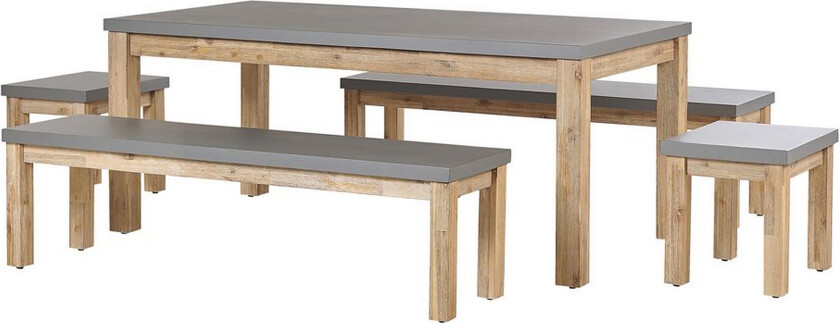 Uteserveringssett Grå fibersement Lys akasietre 8-seters bord 2 benker 2 krakker Moderne industridesign